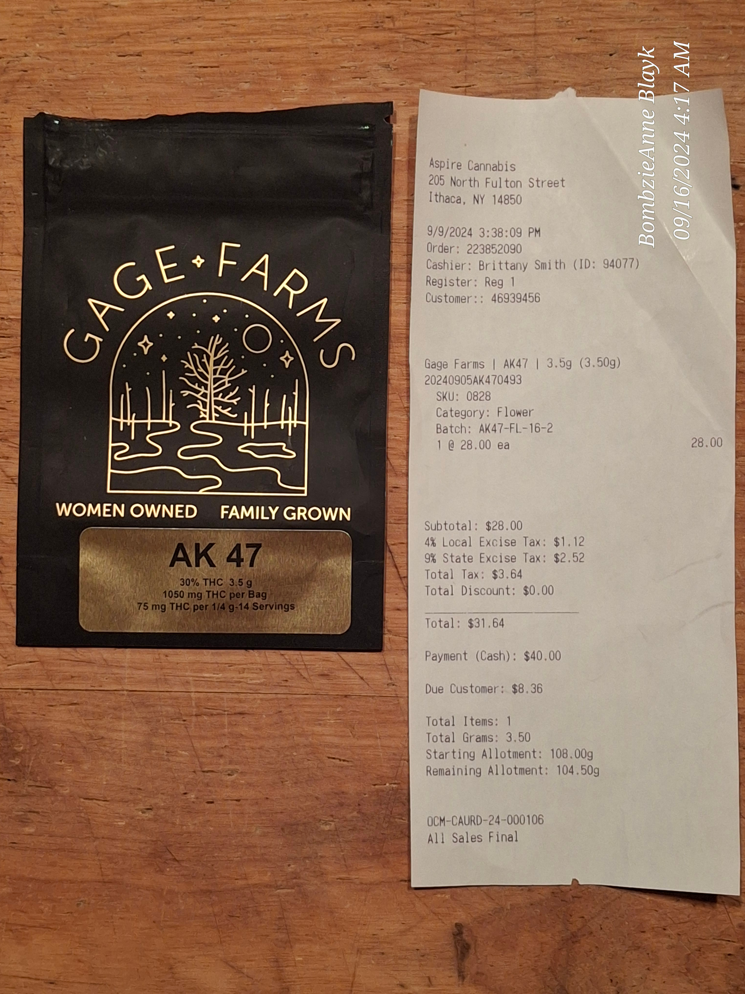 ./2024-09-09 - Aspire MJ - Aspire Cannabis Ithaca - GAGE FARMS AK-47 - 3.5 gm $31.64.jpg